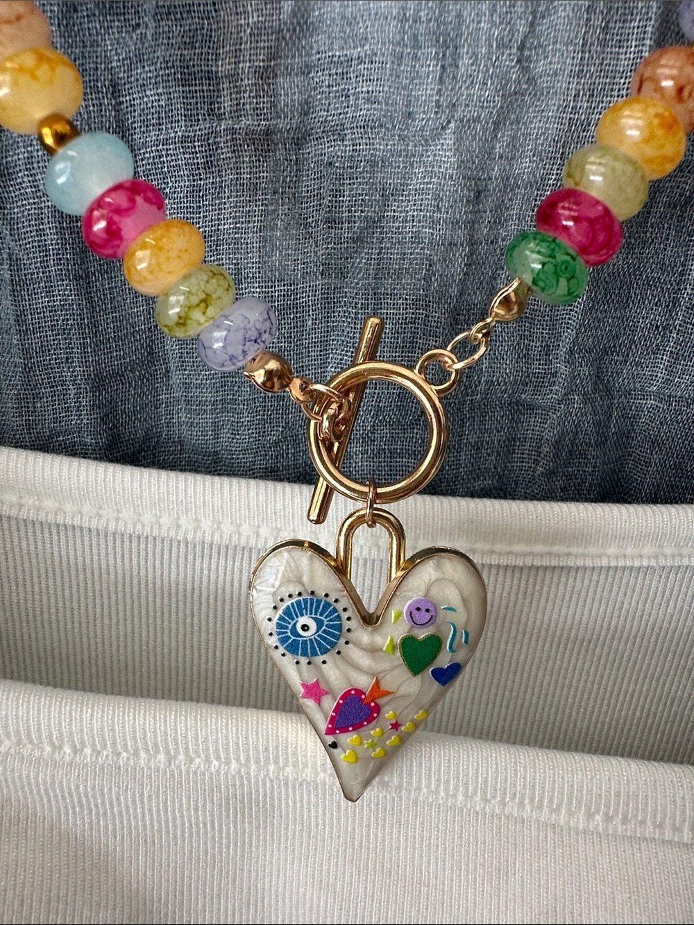 Multicolor Beaded Heart Pendant Necklace - Gold Accent